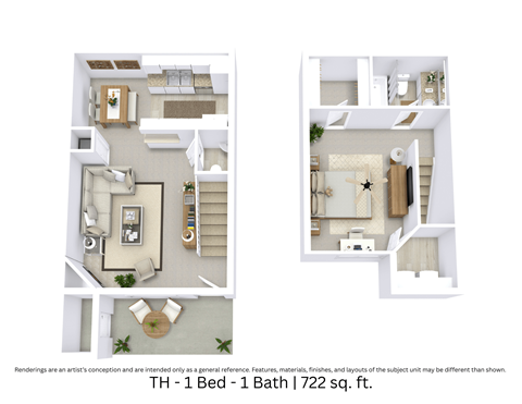 This is a 3D-floor plan providing a detailed, angled view of the space with room layouts, furniture placement, and spatial flow. Features 1 bedroom, 1 bathroom, and approximately 722 Sq. Ft.